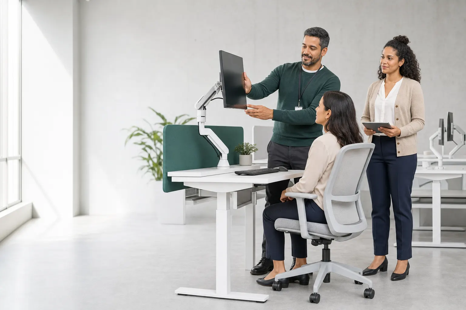 Ergonomista ajusta a altura do monitor de uma funcionária enquanto a fisioterapeuta acompanha com um tablet