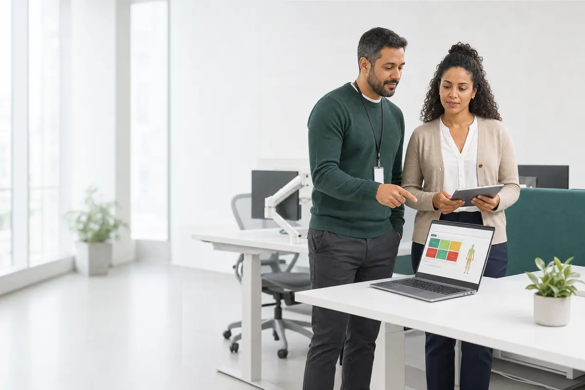 Ergonomista e fisioterapeuta revisam o painel de riscos do software